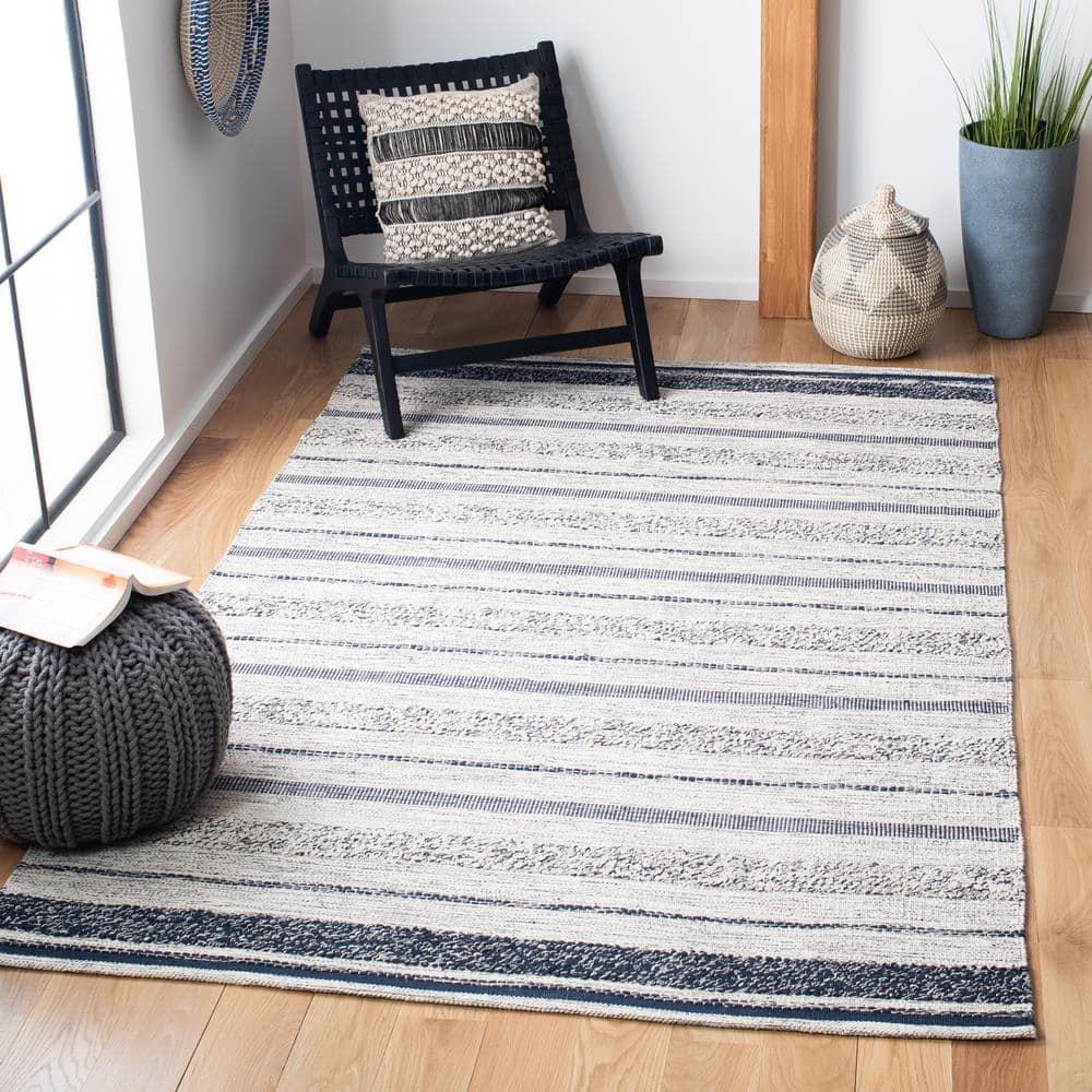 Striped Kilim STK517 Hand Woven Area Rug - Ivory/Navy - 6'x9' - Safavieh.