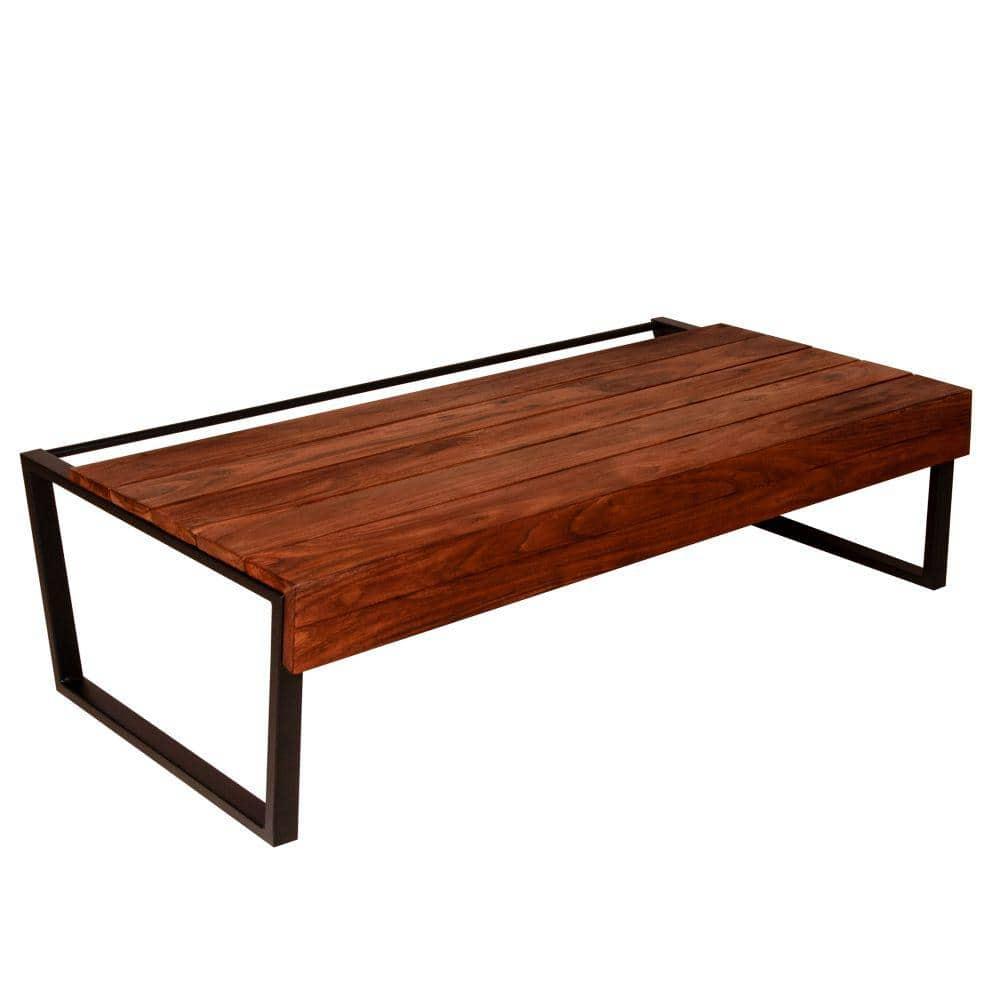 The Urban Port 41.7 Inch Rectangular Coffee Table with Plank Style Top, Metal Frame, Brown and Black