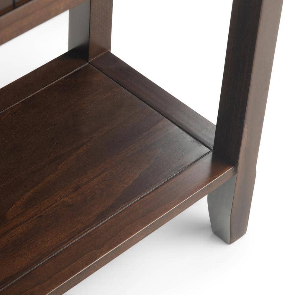 Simpli Home Acadian 60"W Solid Wood Wide Storage Console Table in Brunette Brown with Three Drawers and Open Shelf