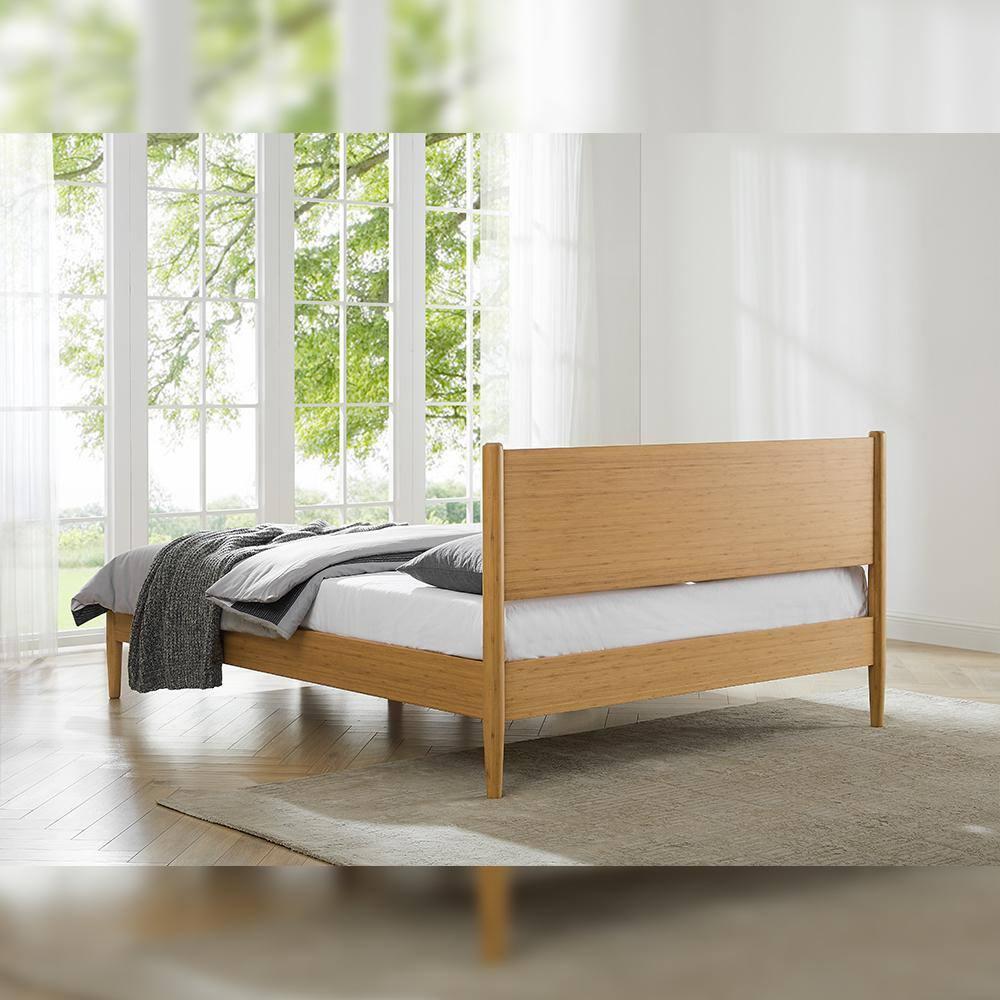 Caramelized Bamboo King Platform Bed with Upholstered Headboard