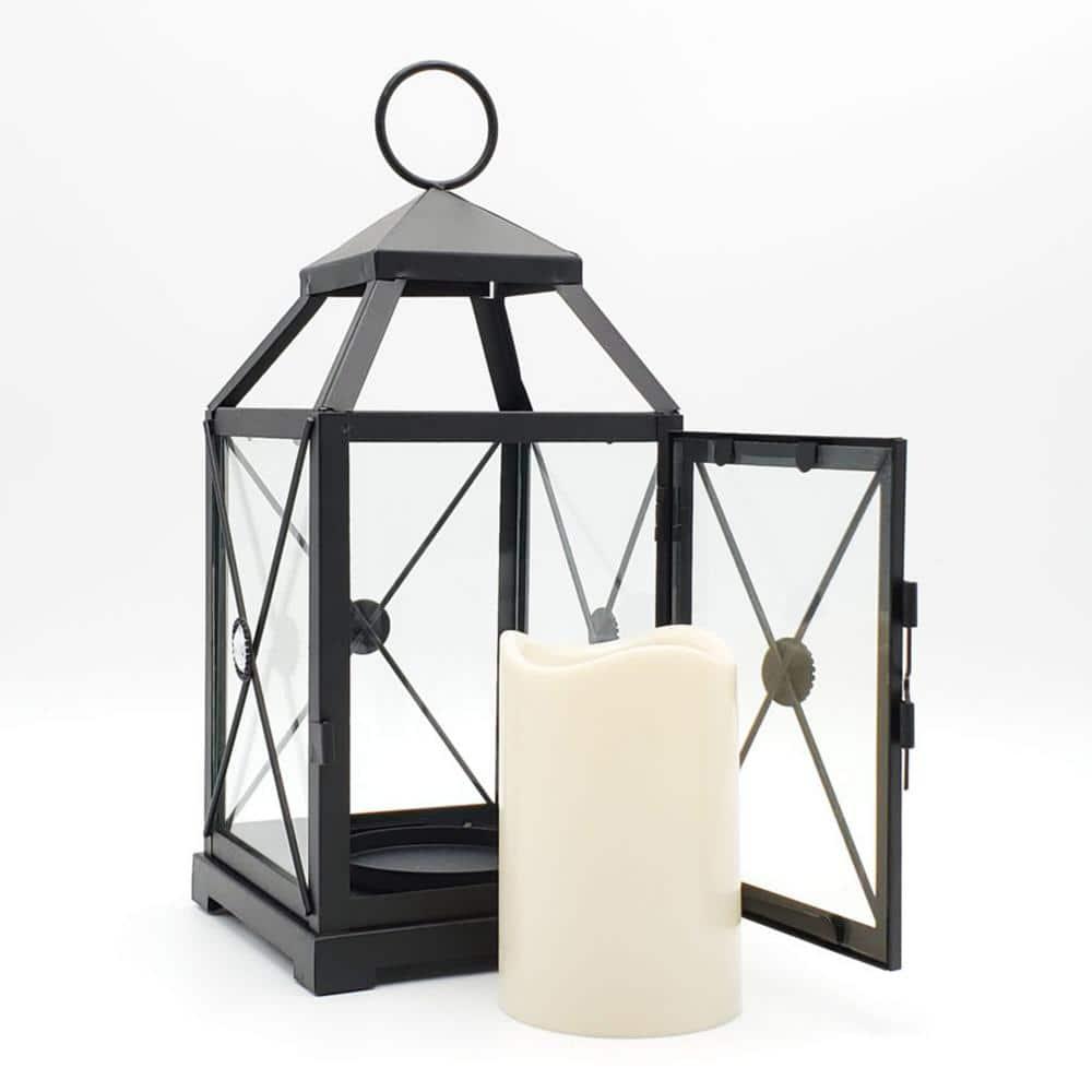 LumaBase Black Gem Metal Lantern with Battery-Operated Candle