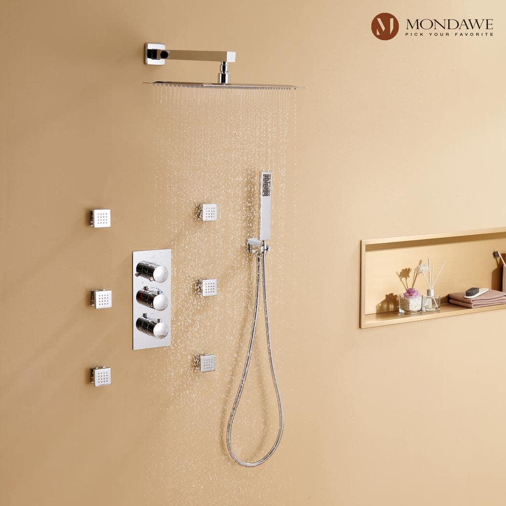 3-Function LED Light Thermostatic Rainfall Shower System with 6 Body Jets and Rough-in Valve