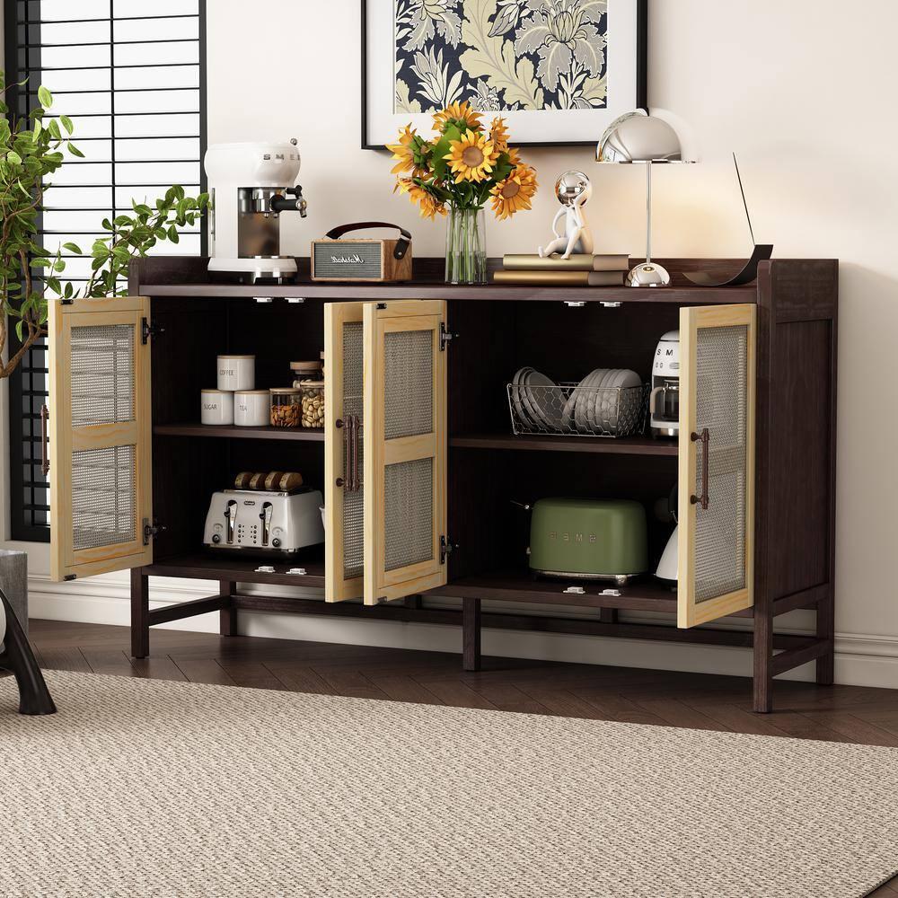 Natural Walnut Wood 60 in. Sideboard with Decorative Rattan Doors and Adjustable Shelves