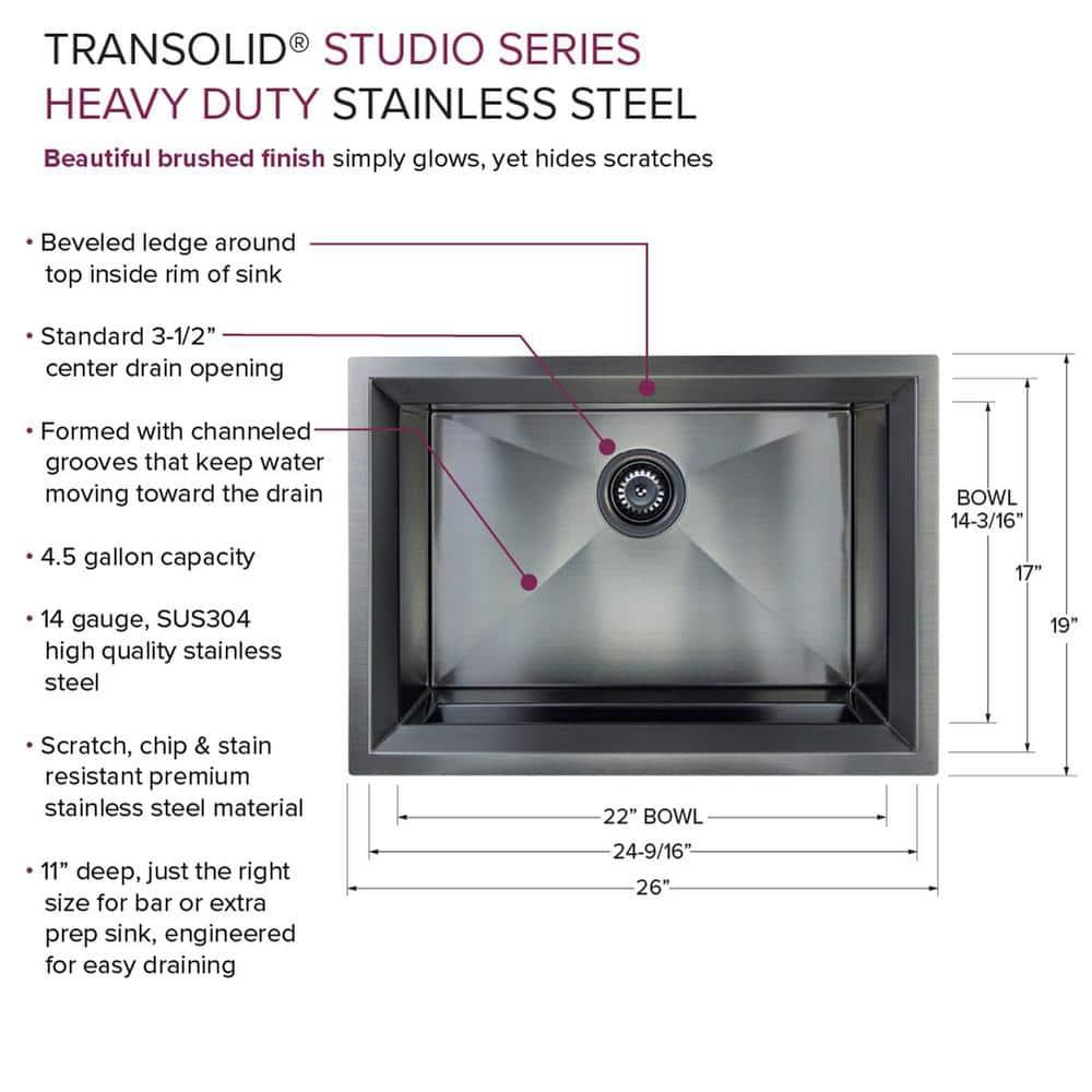 Transolid Studio 26-in x 19-in x 11-in Undermount Stainless Kitchen Sink, SinkPocket, Grid, Strainer