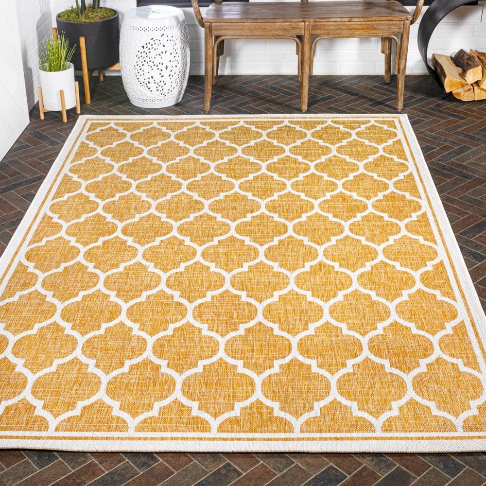 9' x 12' Trebol Moroccan Trellis Textured Weave Indoor/Outdoor Area Rug, Yellow/Cream - JONATHAN Y