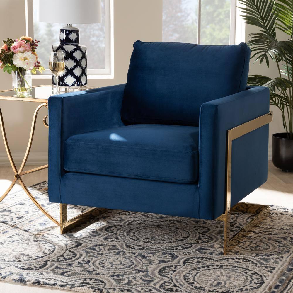 Baxton Studio Matteo Glam and Luxe Royal Blue Velvet Fabric Upholstered Gold Finished Armchair