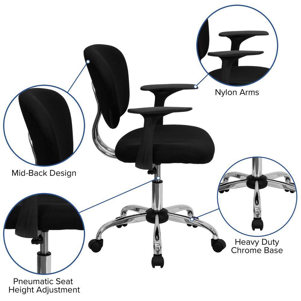 Flash Furniture Beverly Mid-Back Black Mesh Padded Swivel Task Office Chair with Chrome Base and Arms