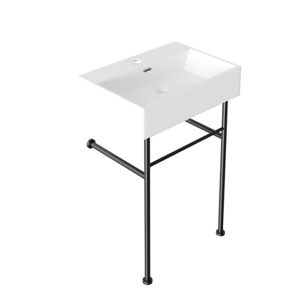Ceramic White Rectangular Single Faucet Hole 24 in Console Bathroom Sink with Overflow