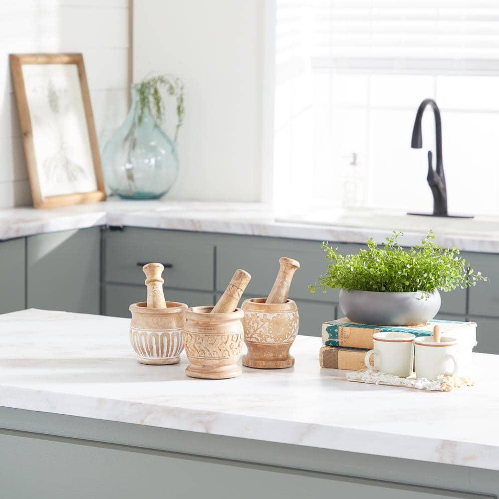 DecMode 8.5", 9", 8"H Wood Country Cottage Mortar and Pestel, Brown, 3 - Pieces