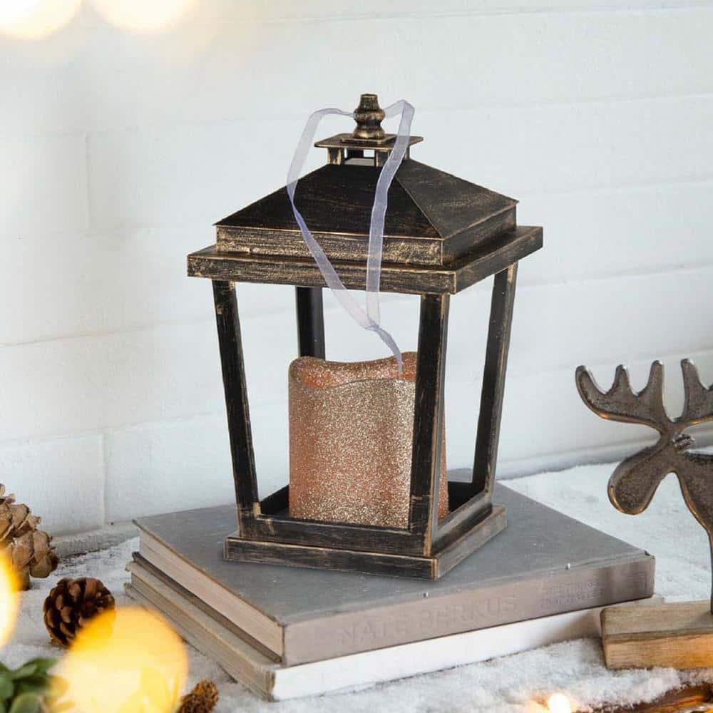 Gzxs Outdoor Lanterns with LED Pillar Candle, 8.9 Inch, 2 Pack, Hanging Decorative Candle Lamp Holder for Porch, Floor or Patio Home Decor (Antique Bronze)