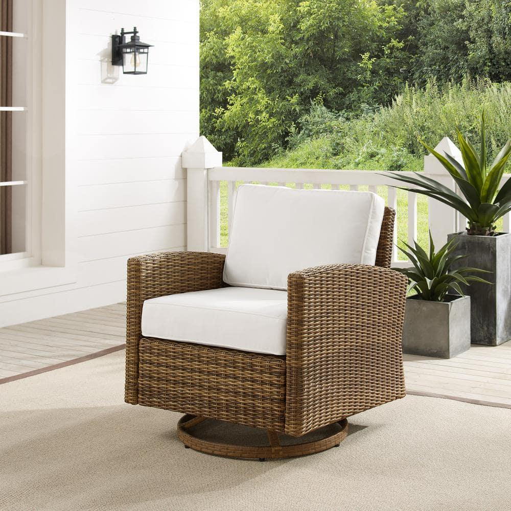 Bradenton Outdoor Steel Swivel Rocking Chair with Sunbrella White/Weathered Brown - Crosley: Resin Wicker, UV & Weather-Resistant