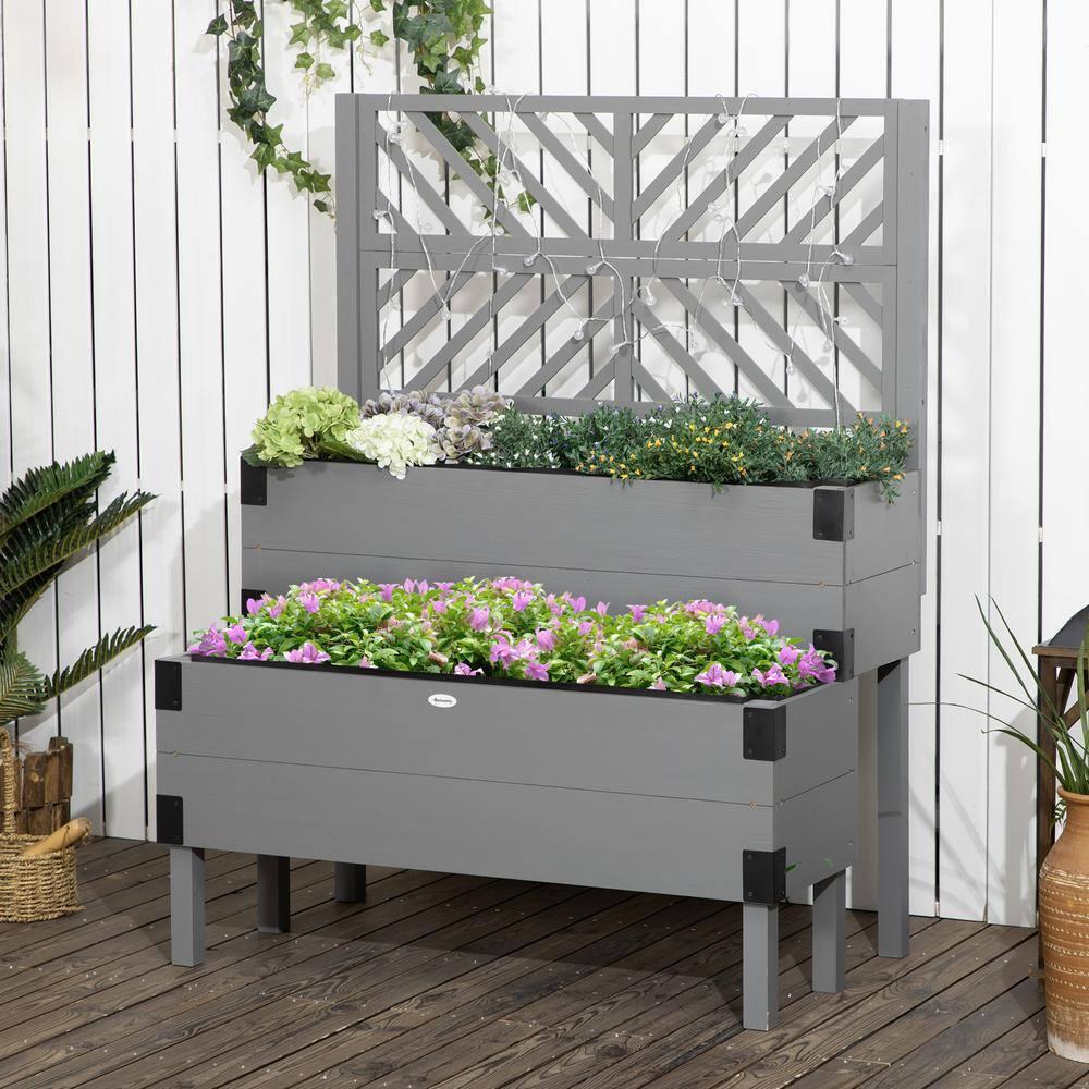 Outsunny 2 Tier Trellis Planter, Wooden Vegetable Garden Bed with Metal Corners for Vegetables, Flowers, Herbs, Gray