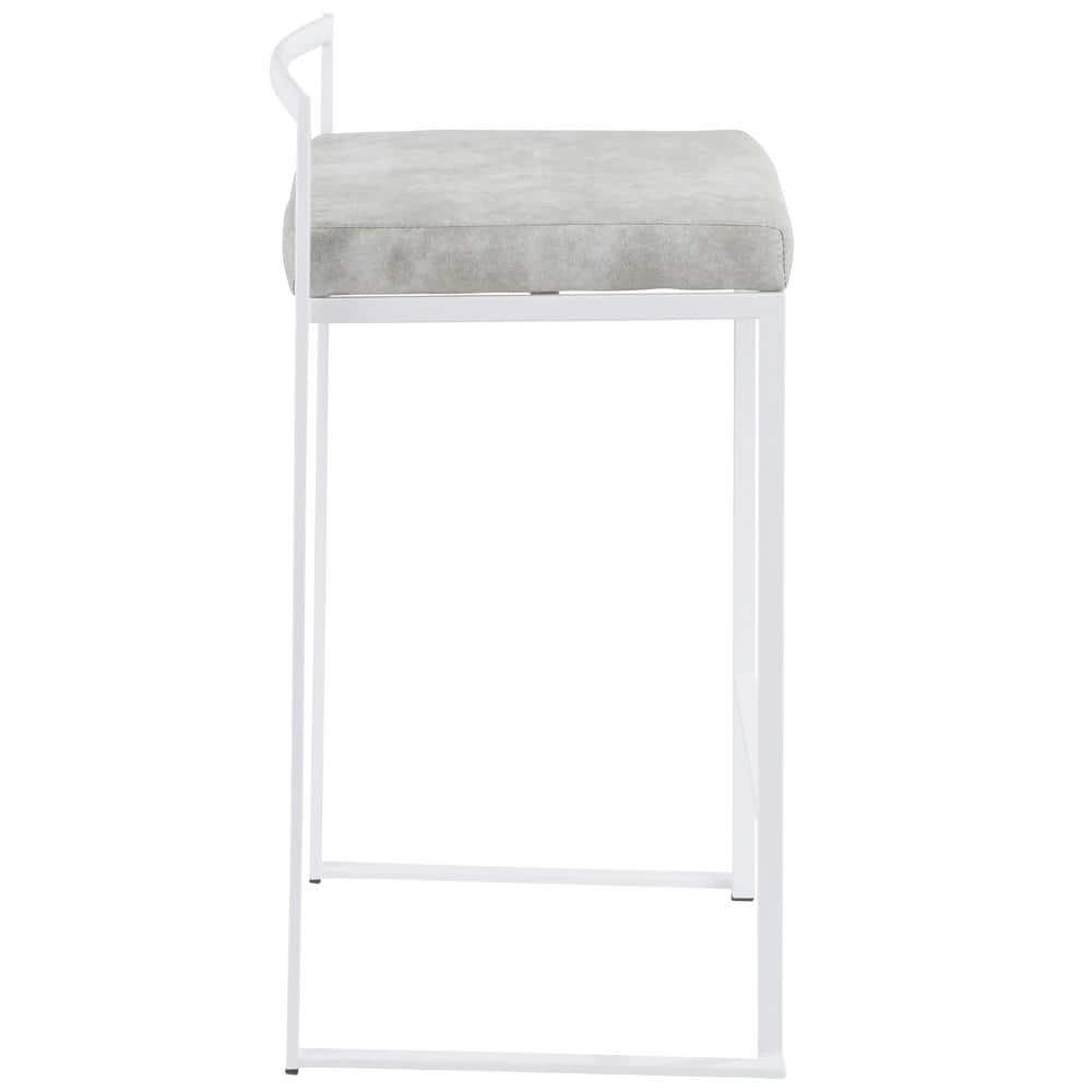 Contemporary Stackable Counter Stool In White With Light Grey Cowboy Fabric Cushion - Set Of 2