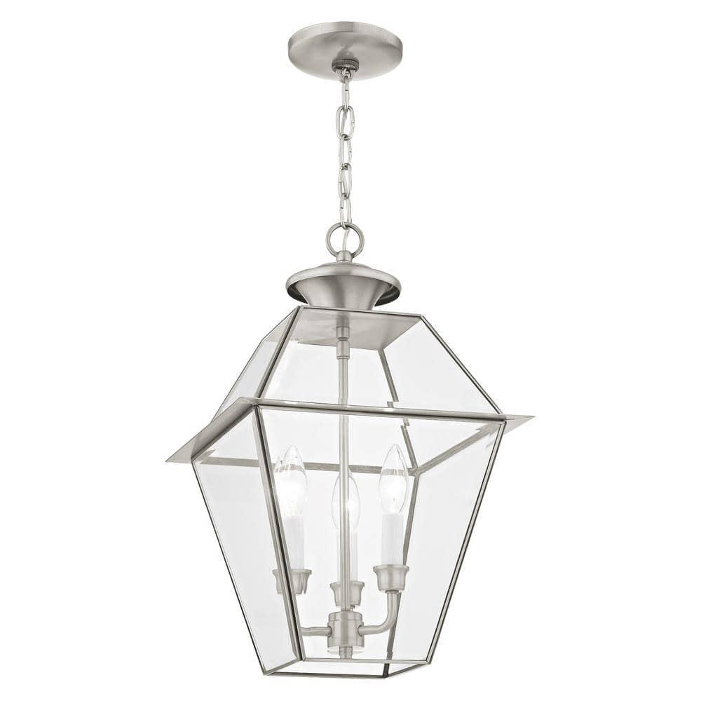 3 Light Outdoor Pendant Lantern in Farmhouse Style 12 inches Wide By 18.5 inches High-Brushed Nickel Finish Bailey Street Home 218-Bel-2255871