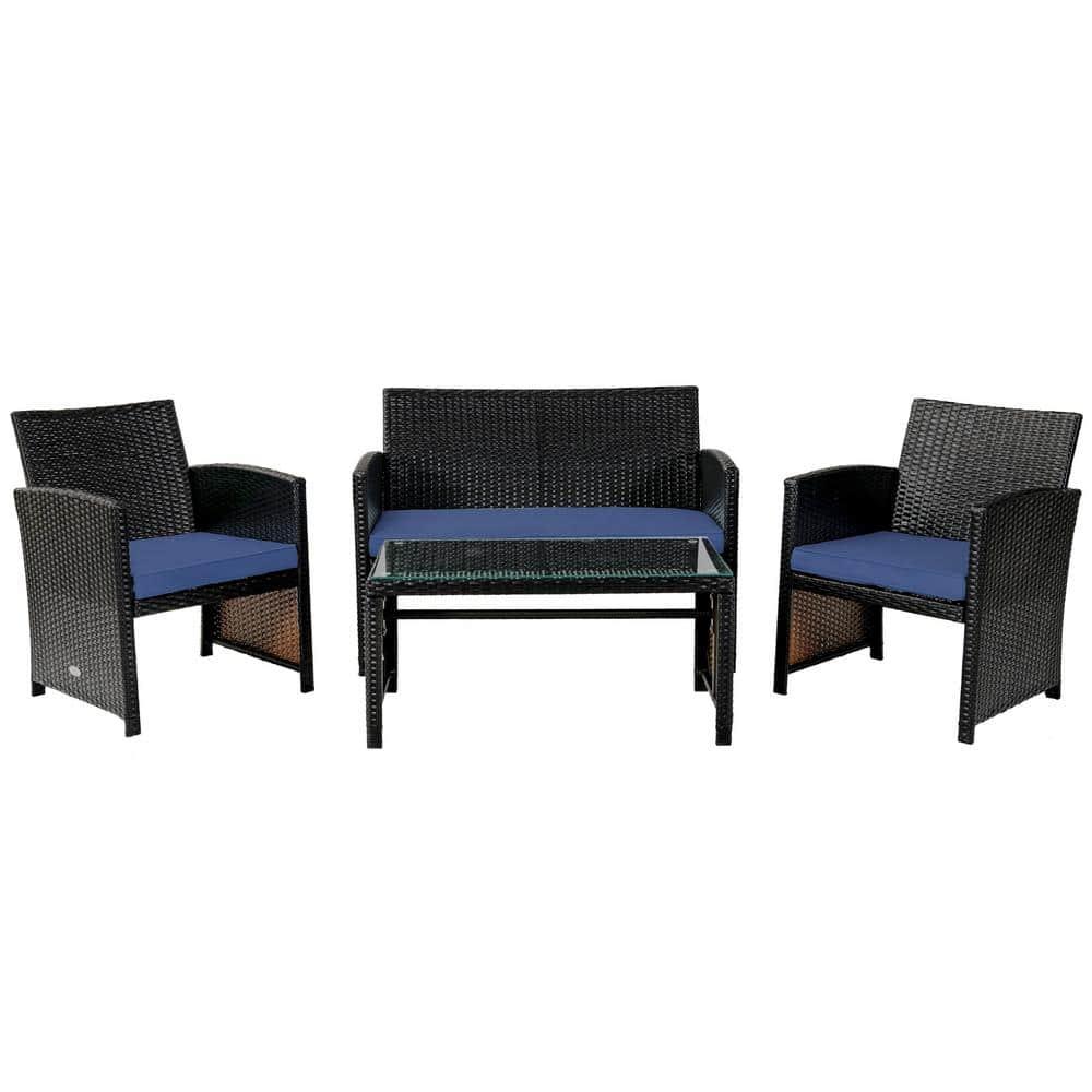 Resenkos 4 Pieces Outdoor Rattan Furniture Set, Wicker Furniture Sets, Patio Conversation Sets with Coffee Table Cushioned Sofa-Red