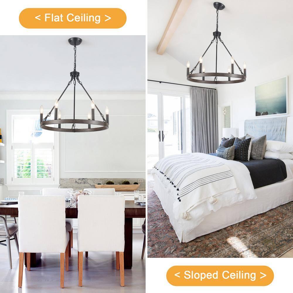 22.04 in. 6-Light Black Rustic Farmhouse Chandelier, Wagon Wheel Chandelier for Dining Room Living Room Bedroom Kitchen Black