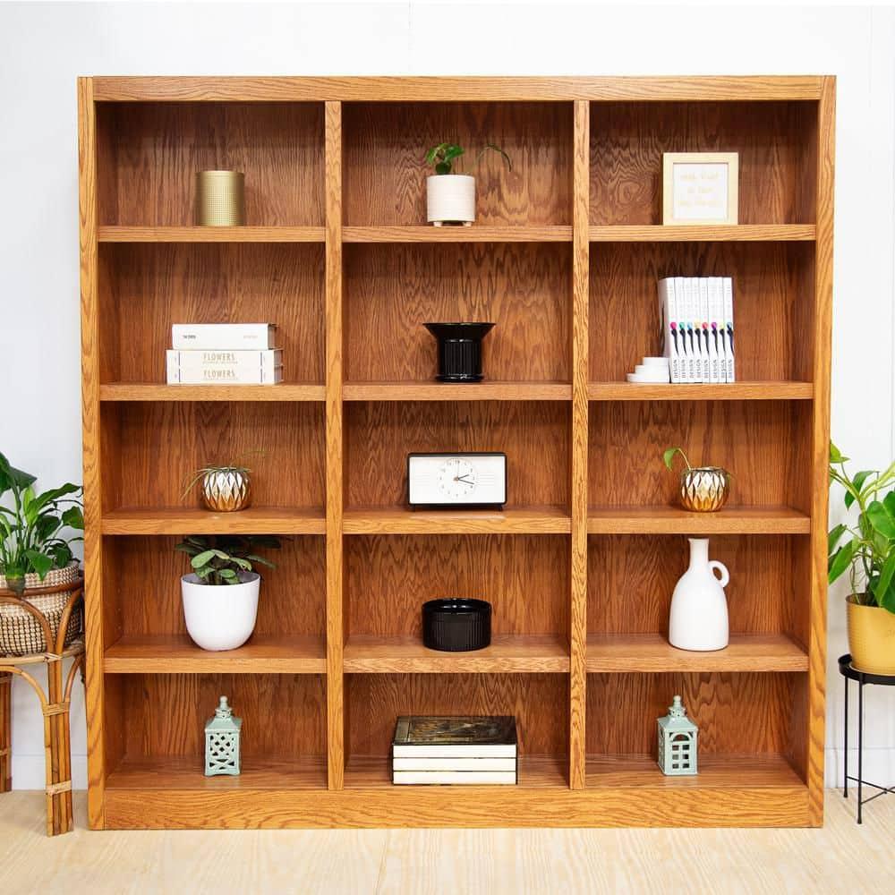Concepts in Wood Traditional 72" Tall 15-Shelf Triple Wide Wood Bookcase in Oak