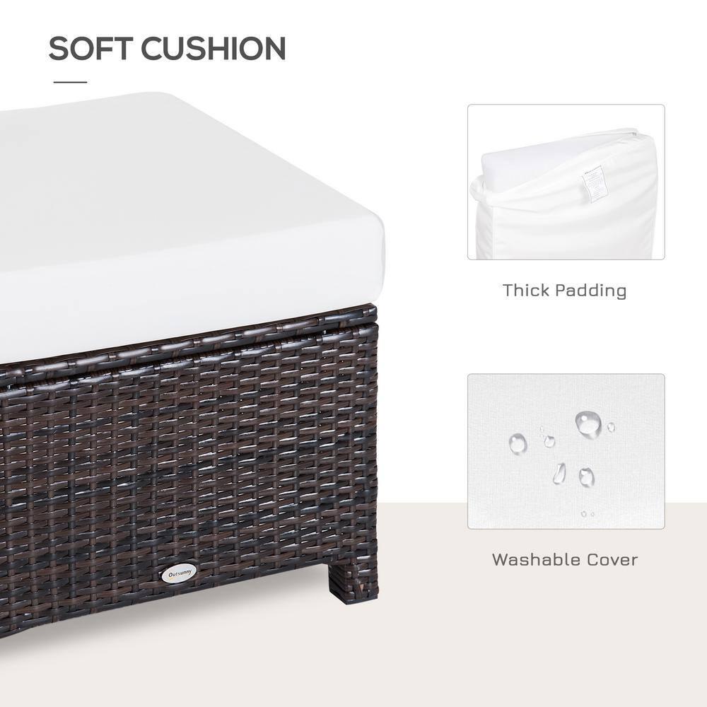 Outsunny 20" Outdoor Ottoman, PE Plastic Rattan Wicker, Fade-Resistant Patio Footrest with Soft Cushion, Steel Frame, Dark Brown, Cream White