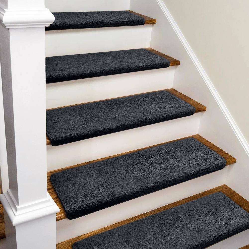 PURE ERA Non-Slip Ultra Plush Soft Bullnose Carpet Stair Treads Set of 14 Tape Free Washable Self Adhesive Dark Grey 9.5" x 30"x1.2"