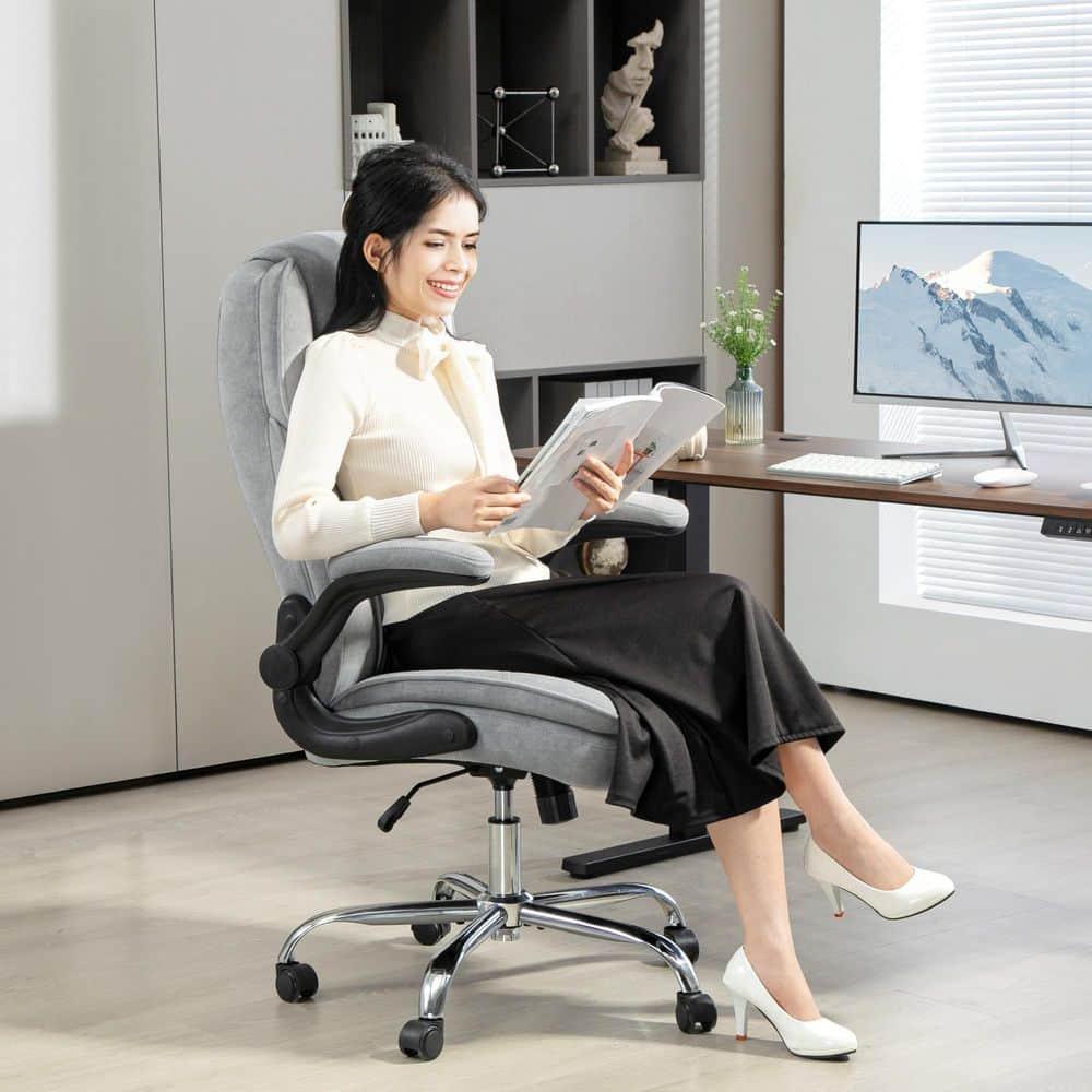 HOMCOM Executive Office Chair, Fabric Comfy Computer Desk Chair with Swivel Wheels, Flip-up Armrest, Adjustable Height, Gray