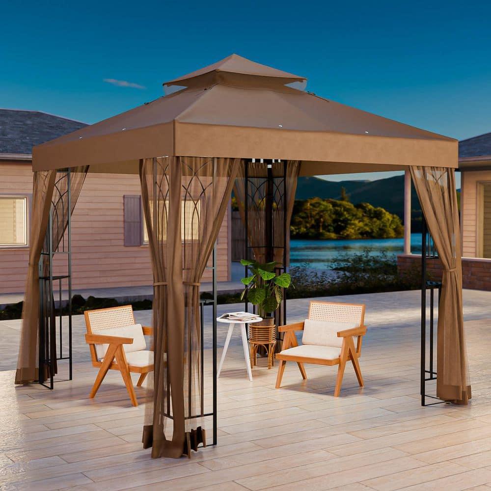 COOS BAY 8 Ft. W x 8 Ft. D Steel Frame Vented Soft Top Patio Gazebo with Mesh Netting, Corner Shelves