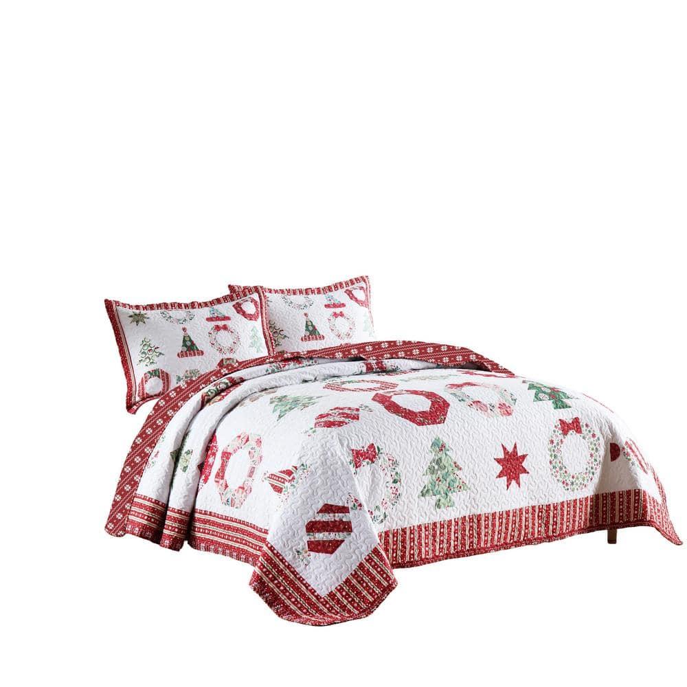 MarCielo 3 Pcs Christmas Quilt Bedspread Set Candy Red BY205