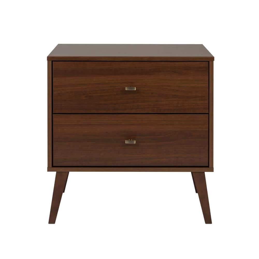Milo Mid Century Modern 2 Drawer Nightstand Cherry - Prepac: Brushed Brass Knobs, Tapered Legs