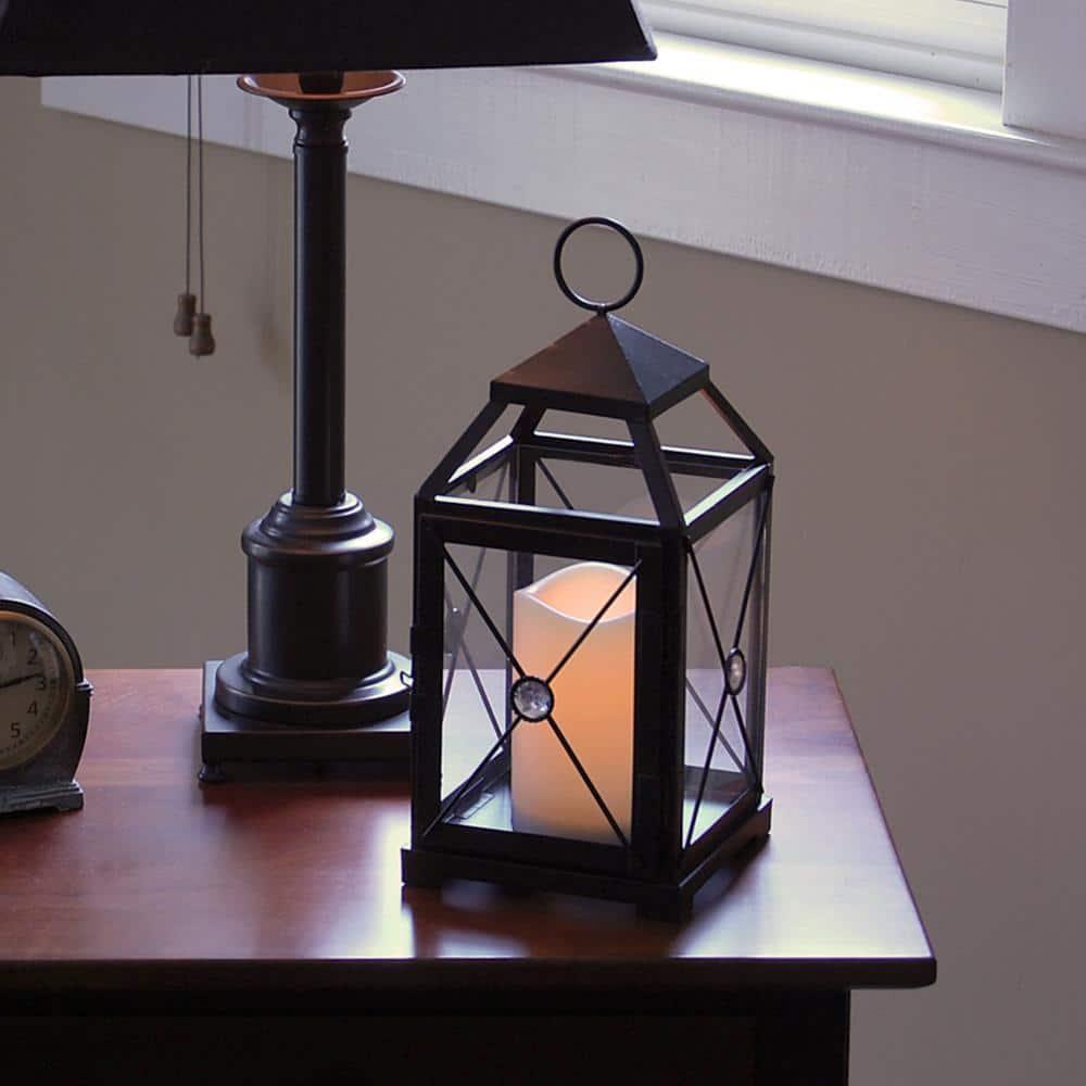 LumaBase Black Gem Metal Lantern with Battery-Operated Candle