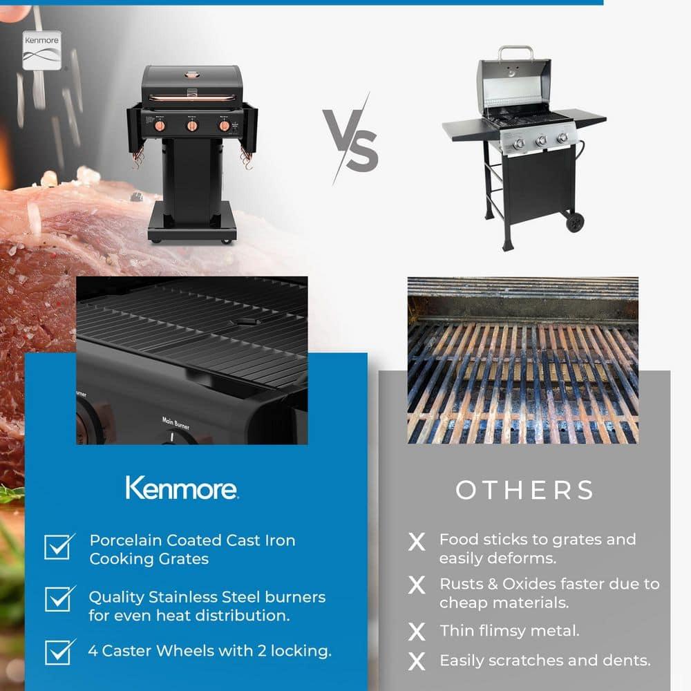 Kenmore 3-Burner Propane Gas Grill with Foldable Side Tables for Outdoor BBQ