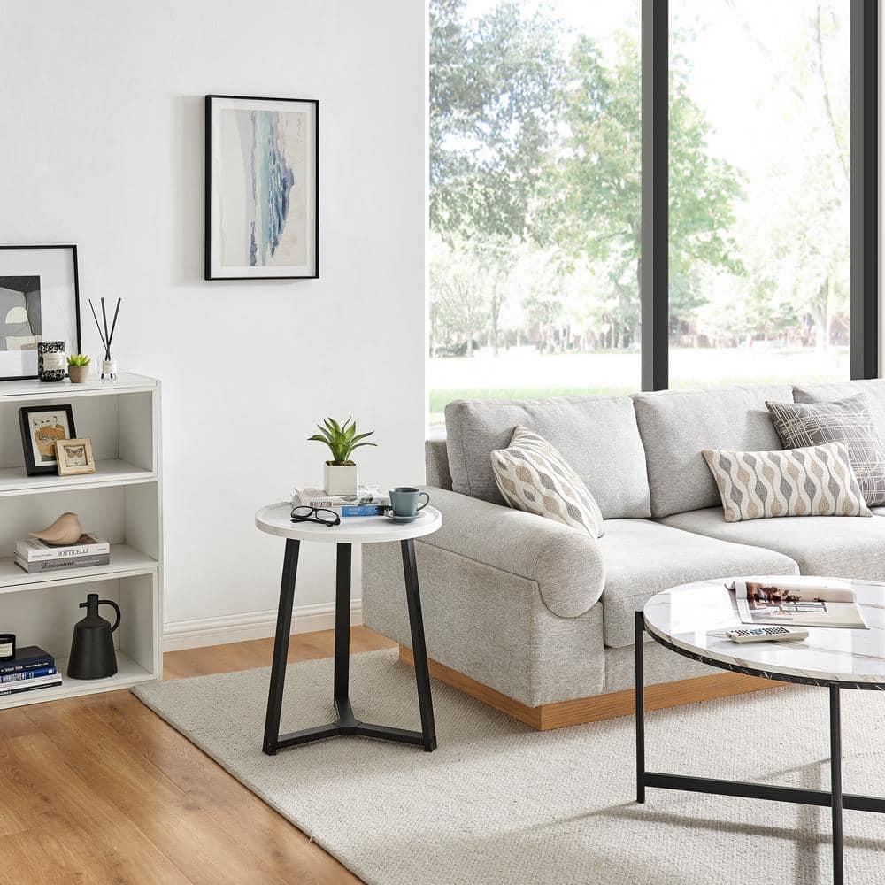 Danya B. 23.3"x19.7" Harper Round Mid-Century Side Accent Table with Modern Pedestal Legs White Marble/Black: Chic Furniture for Living Room