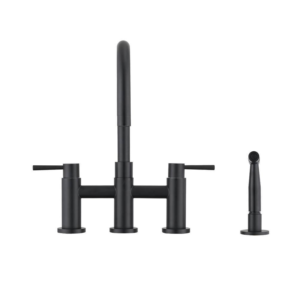 Double Handle Bridge Kitchen Faucet with Side Sprayer in Matte Black