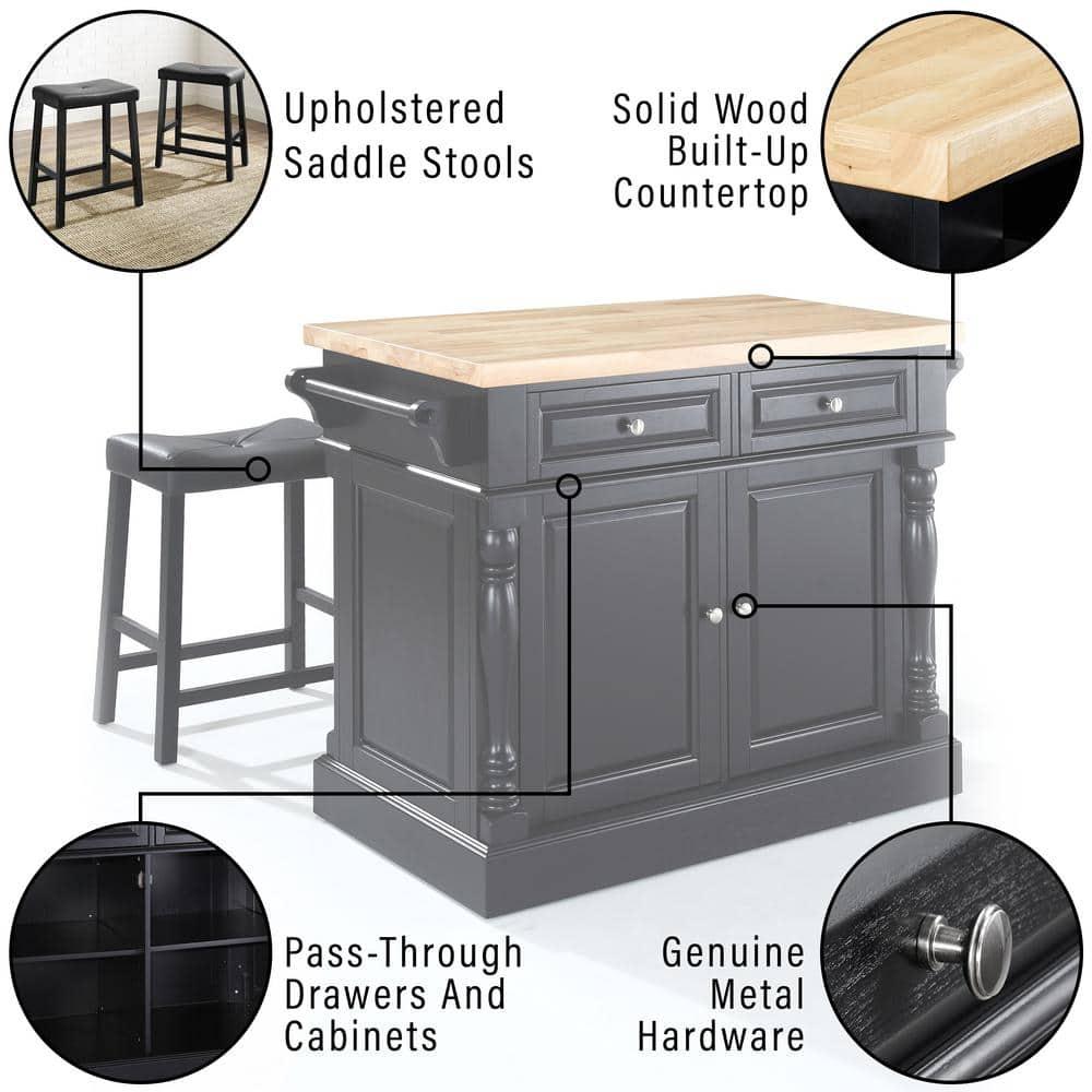 Oxford Kitchen Island with 2 Upholstered Saddle Stools Black - Crosley: Pass-Through Storage, Towel Bars, Wood Veneer