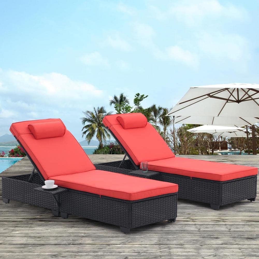 PAPROOS Outdoor Chaise Lounge Chair Set of 2, Rattan Patio Chaise Lounge Chair with Cushion and Arms, Modern 5-Positions Adjustable Outdoor Lounger Recliner for Poolside, Garden, Backyard, Red