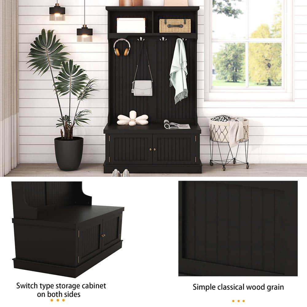 Infinity Hall Tree with Storage Shoe Bench for Entryway and Hallway, 4-in-1 Design Coat Racks with 4 Hooks for Living Room, Black