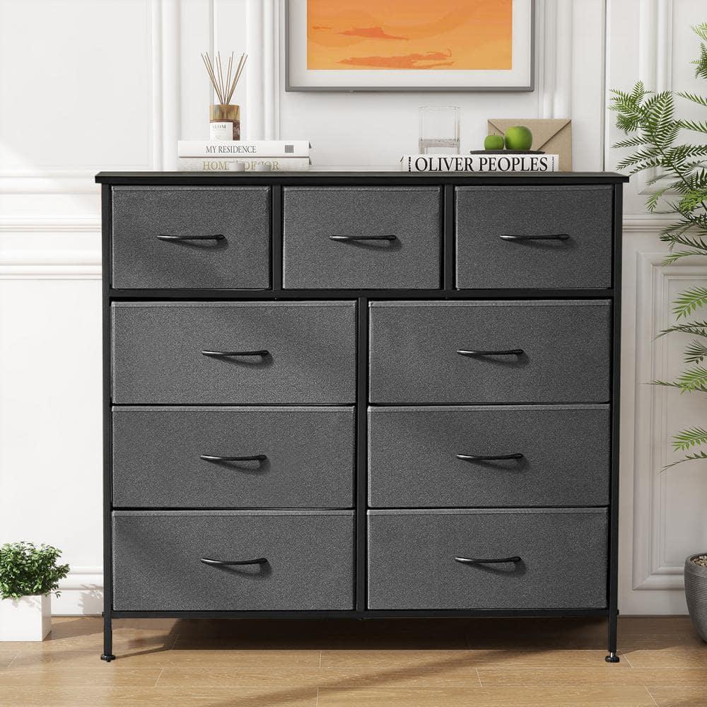 9 Drawer Dresser, Wide Chest Of Drawers Nightstand Storage Tower Storage Dresser Fabric Dresser With Wood Top, Metal Frame, Gray