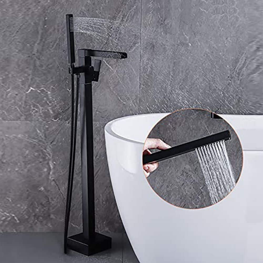 Freestanding Bathtub Faucet Matte Black Waterfall Bathtub Faucet Floor Mount Tub Filler Single Handle Bathtub Shower Faucets with Hand Shower Swivel Spout Brass Mixer Tap by BWE