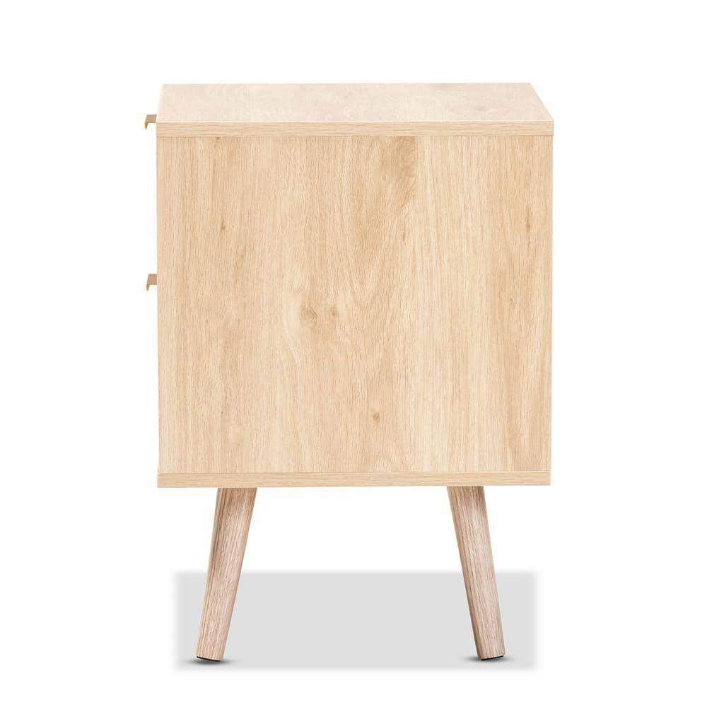 Baird Wood and Rattan 2 Drawer Nightstand Brown - Baxton Studio: Bohemian Style, Gold Tone Handles