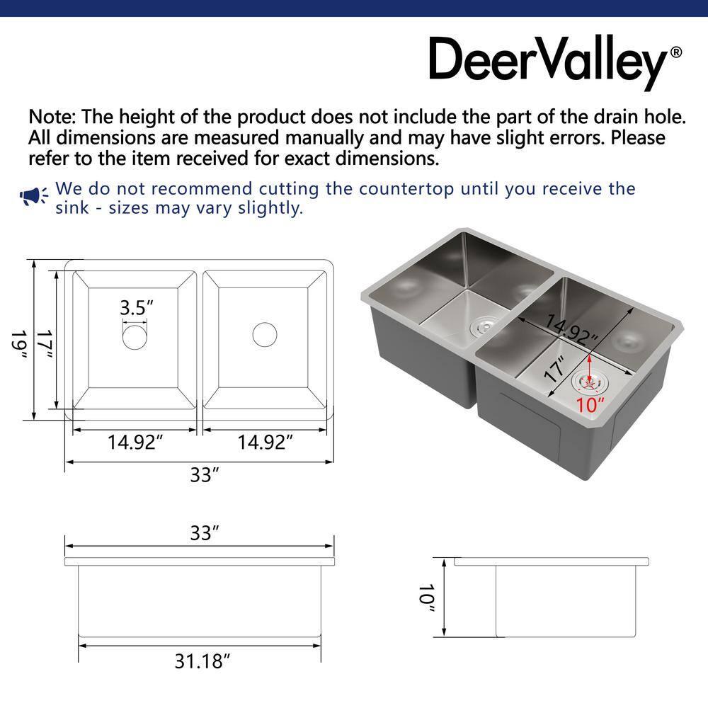 DeerValley 33'' L Undermount 50/50 Double Bowl Stainless Steel Kitchen Sink with Basket Strainers and Stainless Steel Grids