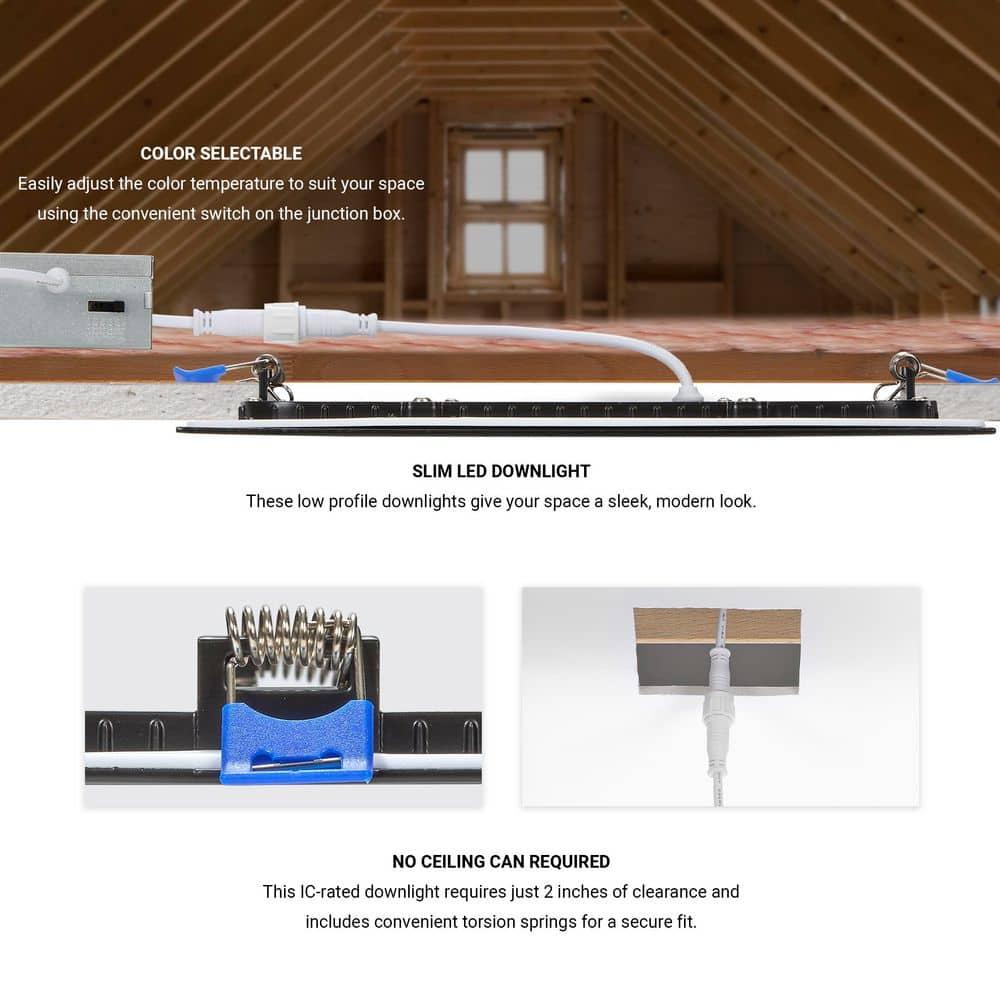Maxxima 8 in. 5CCT Square Recessed LED Downlight, 1400 Lumens Slim Flat Panel Color Selectable 2700K/3000K/3500K/4000K/5000K, Dimmable, Canless IC Rated, Black Trim, J-Box Included