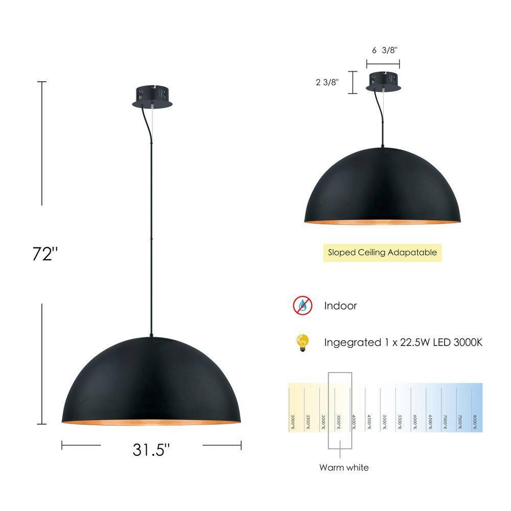 32" 1-Light Gaetano LED Pendant Black and Gold - EGLO: Contemporary Iron Bowl Shade, ETL Listed, Adjustable