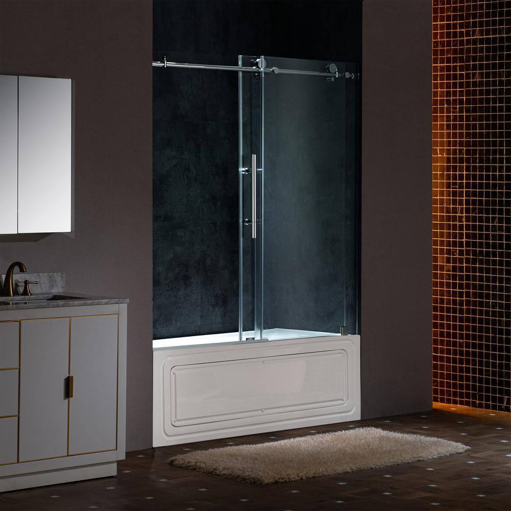 WoodBridge Frameless Single Sliding Shower Doors, 56-60" W X 62" H With 5/16" Clear Tempered Glass And Explosion-Proof Film MSDF6062-C