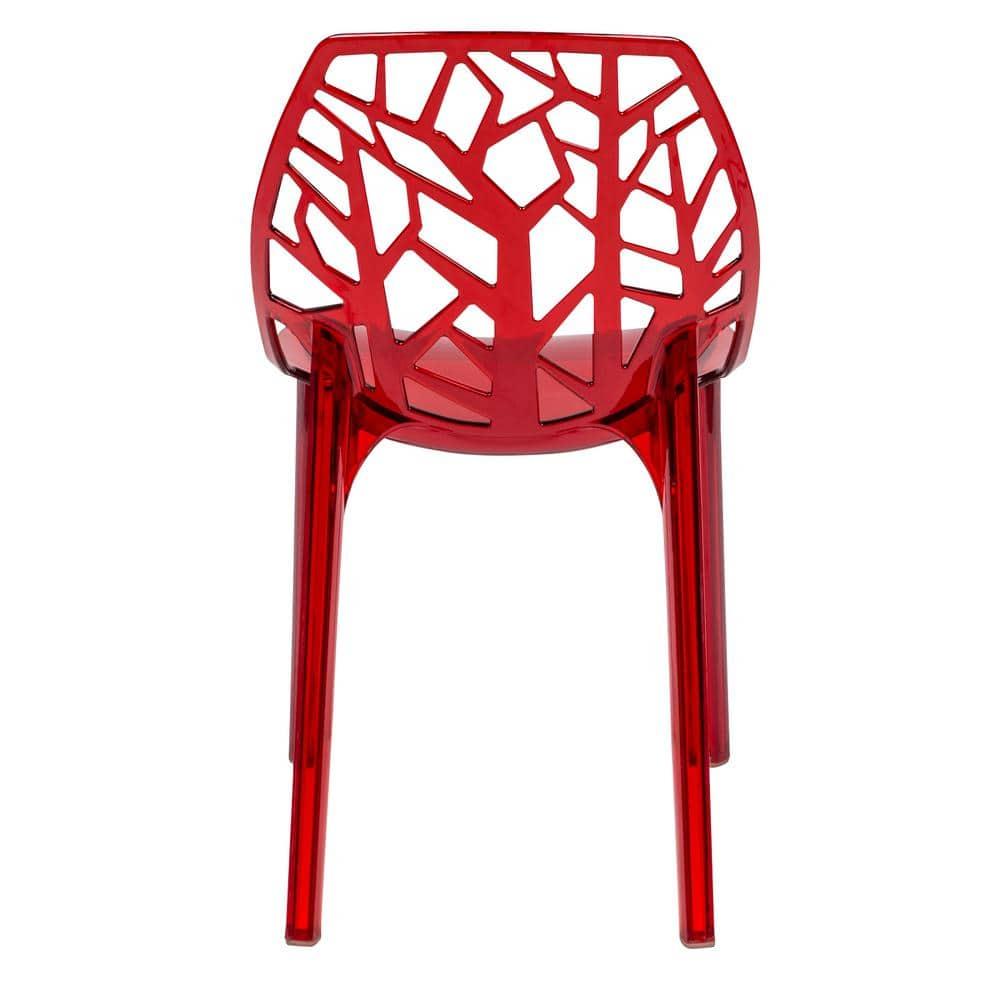 LeisureMod Cornelia Modern Plastic Dining Chair with Cut-Out Tree Design, Transparent Red