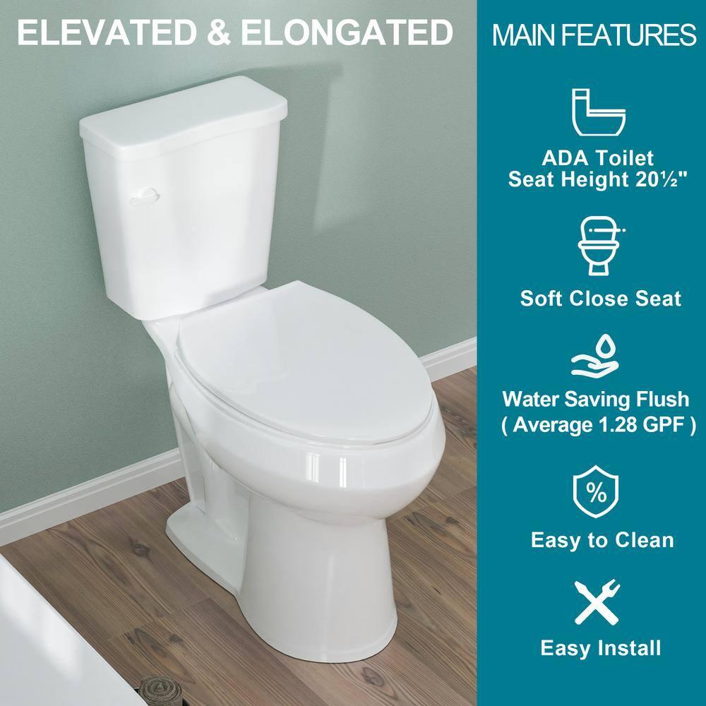 19 in. 2-Piece Toilet 1.1/1.6 GPF Dual Flush Round White Toilet ADA Height with Soft-Close Seat