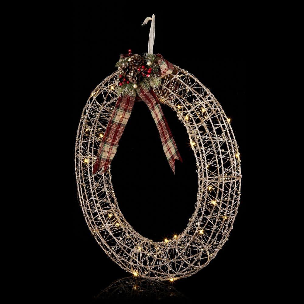 Hanging Christmas Wreath Decoration with Warm White LED Lights, Gold