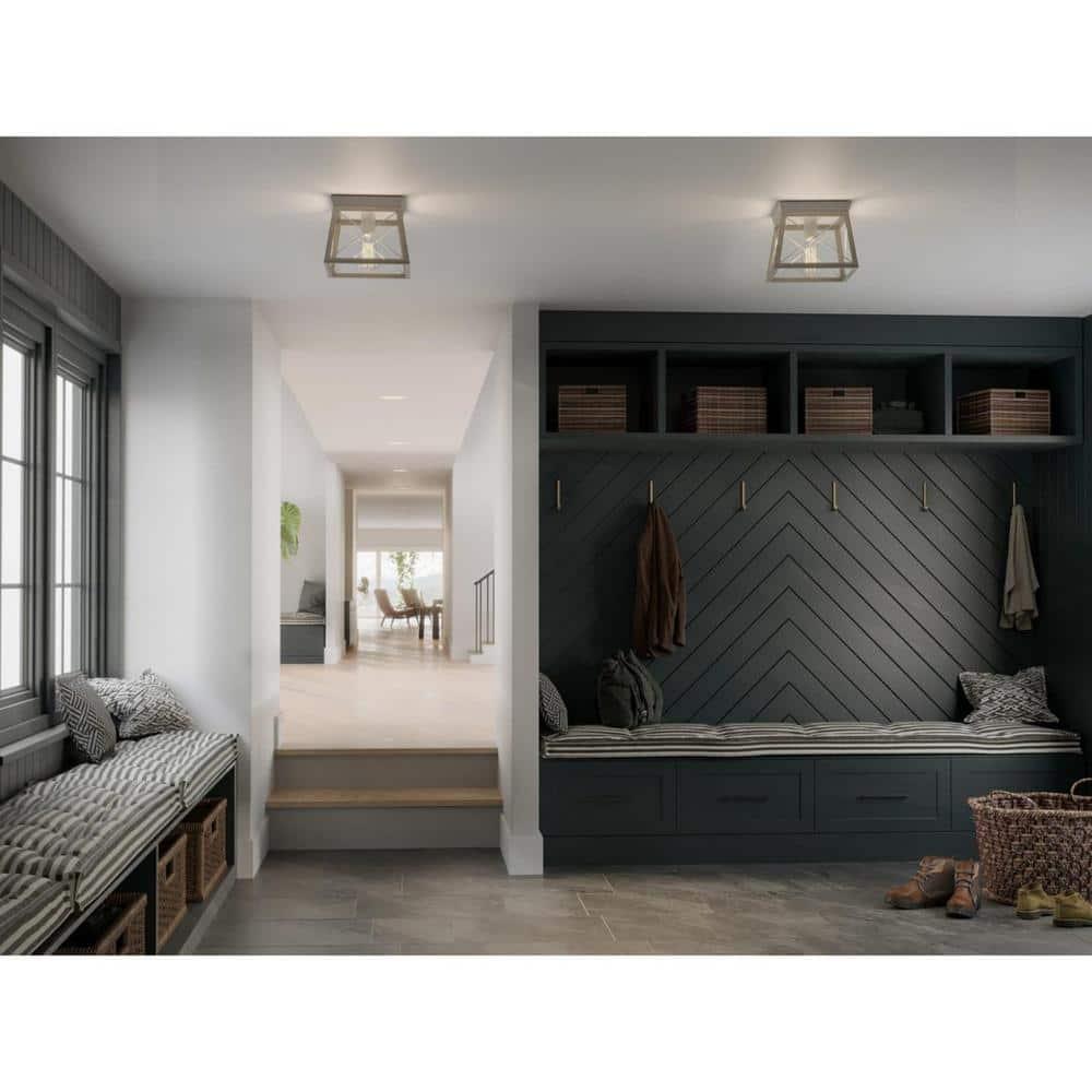 Progress Lighting Briarwood 1-Light Flush Mount, Galvanized, Faux-Painted Wood Shade
