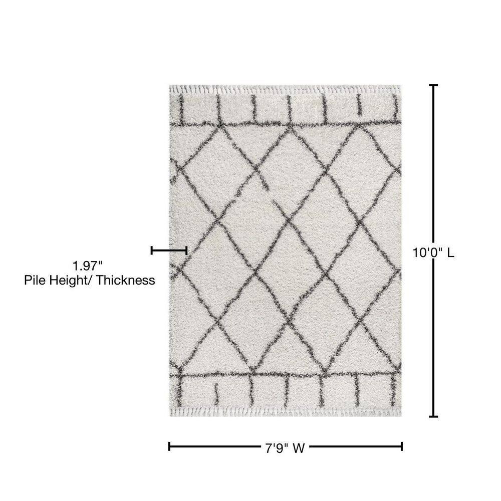 8'x10' Mercer Shag Plush Tassel Moroccan Geometric Trellis Area Rug, Cream/Grey - JONATHAN Y
