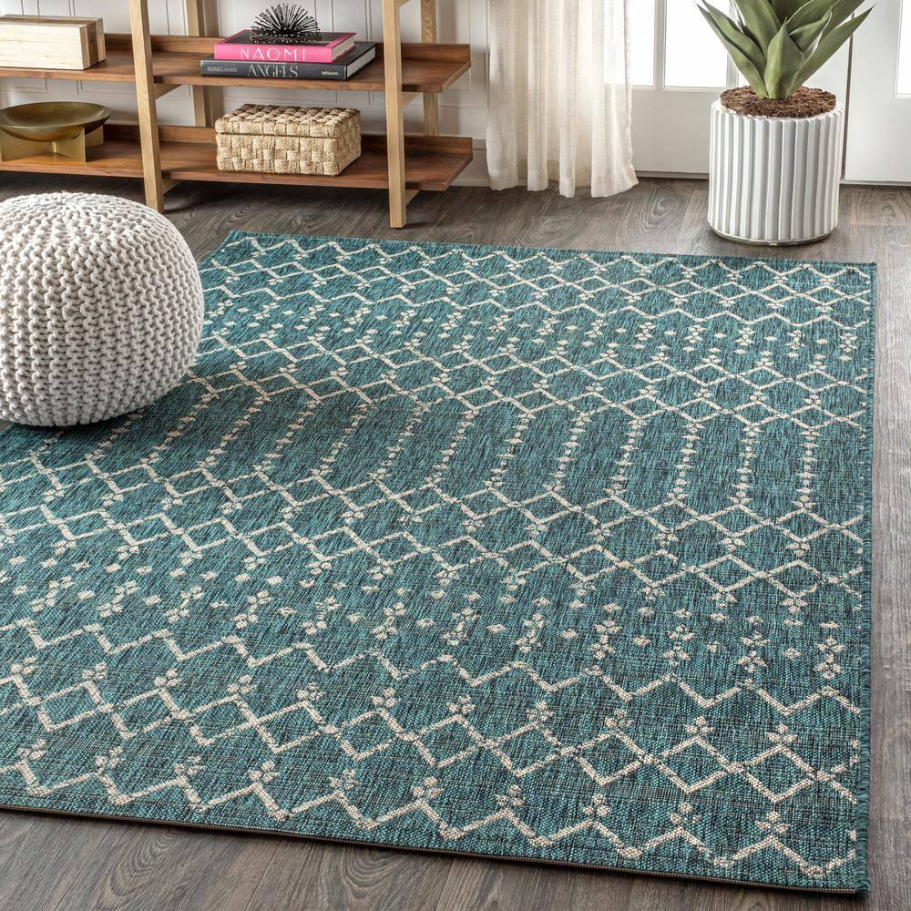 5'x8' Ourika Moroccan Geometric Textured Weave Indoor/Outdoor Area Rug, Teal/Gray - JONATHAN Y