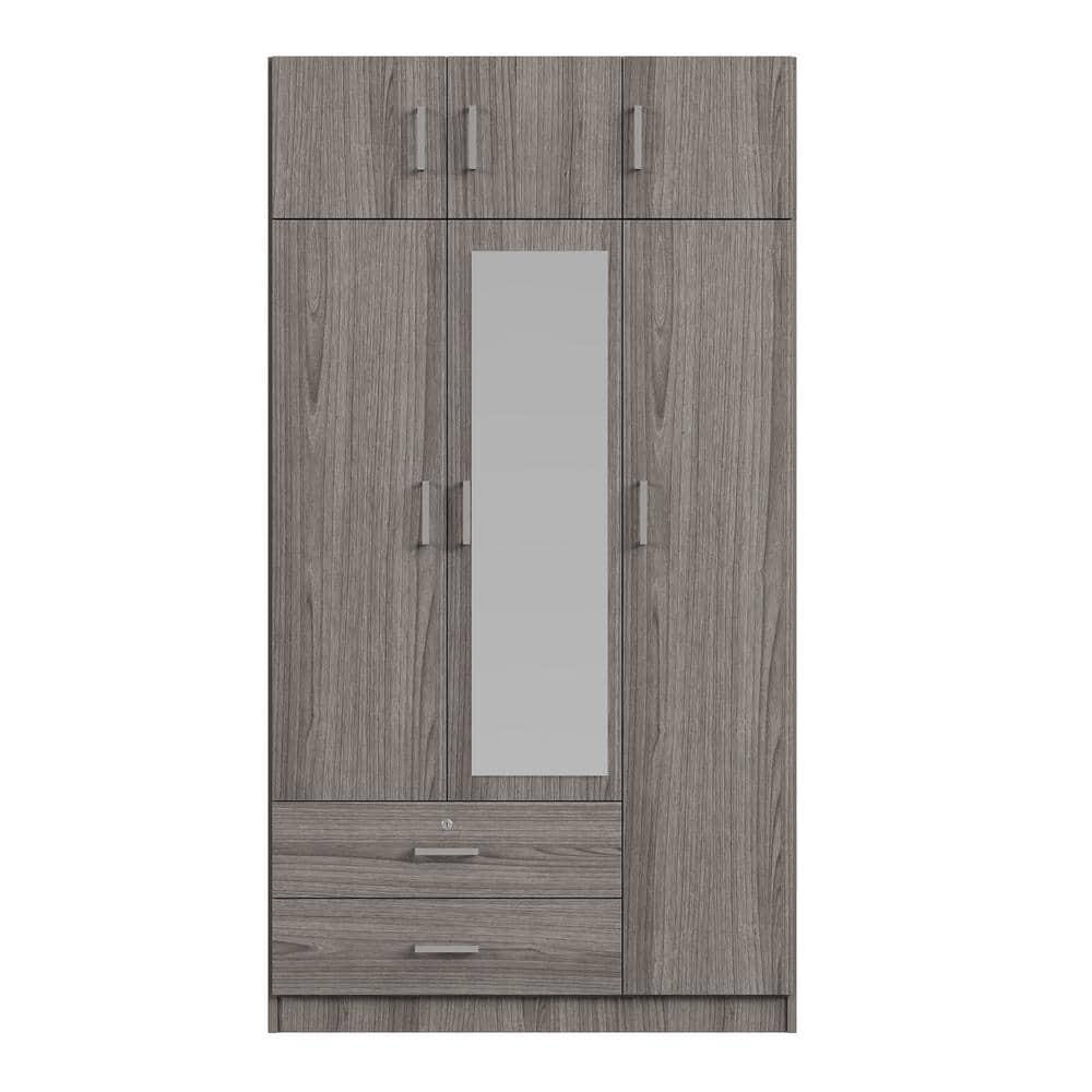 Gray 41.3 in. 3-Door Wooden Wardrobe Armoire with Mirror, 2-Drawers, Shelves, a Hanging Rod, Top Cabinet