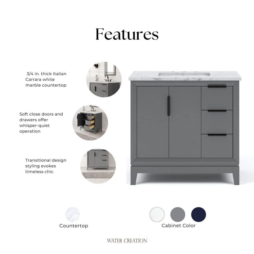 Elizabeth Collection 36 in. Bath Vanity in Cashmere Grey With Vanity Top in Carrara White Marble - With Mirror(s)