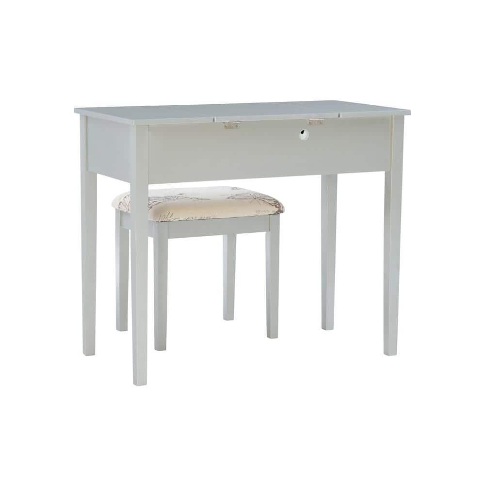 Traditional Wood Flip Up Mirror Drop Drawer Butterfly Vanity and Stool Silver - Linon